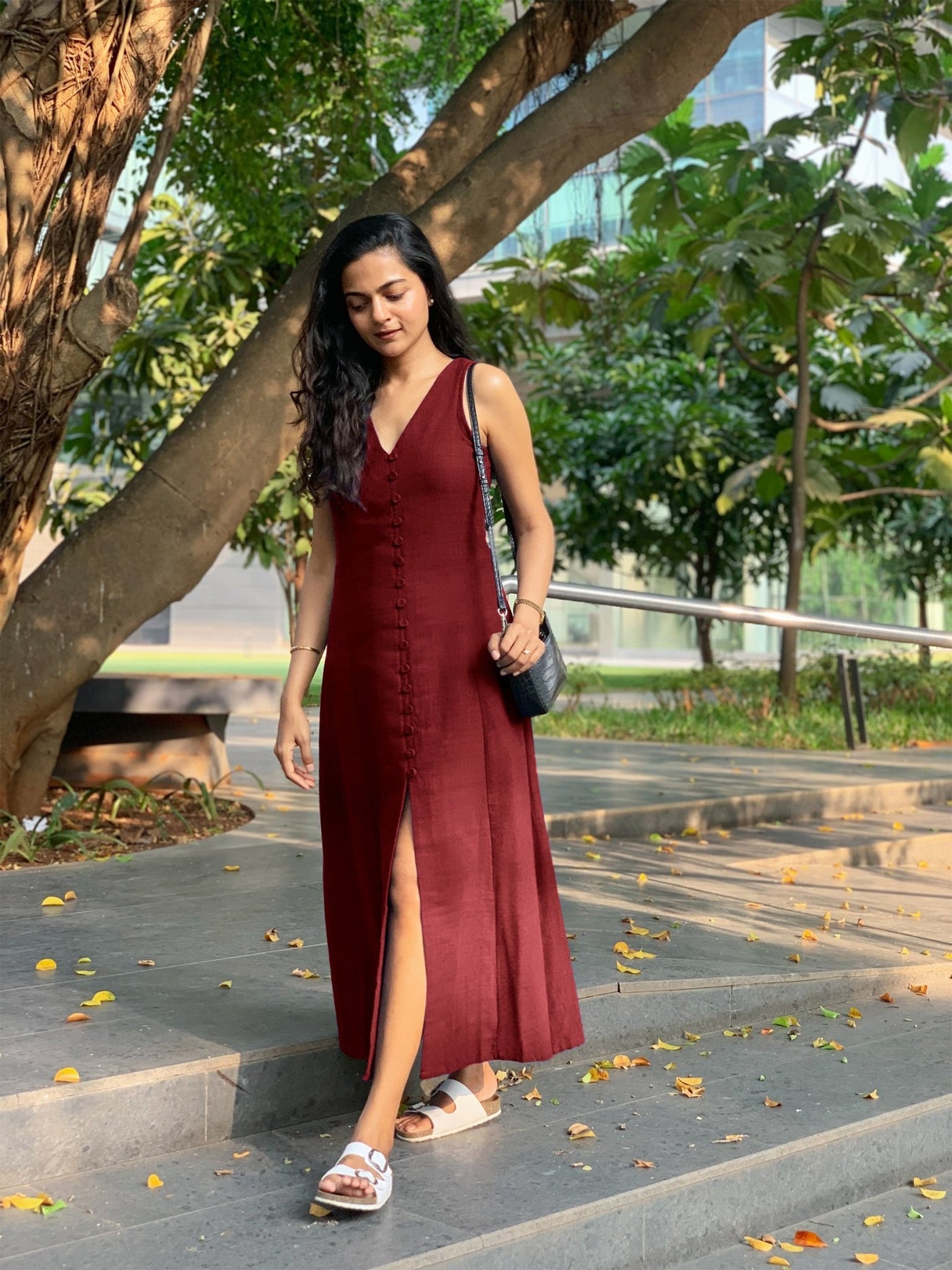 Maroon Handspun Cotton A-Line Front Slit Maxi Dress 40" / Custom Height (Free) Maroon Handspun Cotton A-Line Front Slit Maxi Dress 40" / Custom Height (Free)