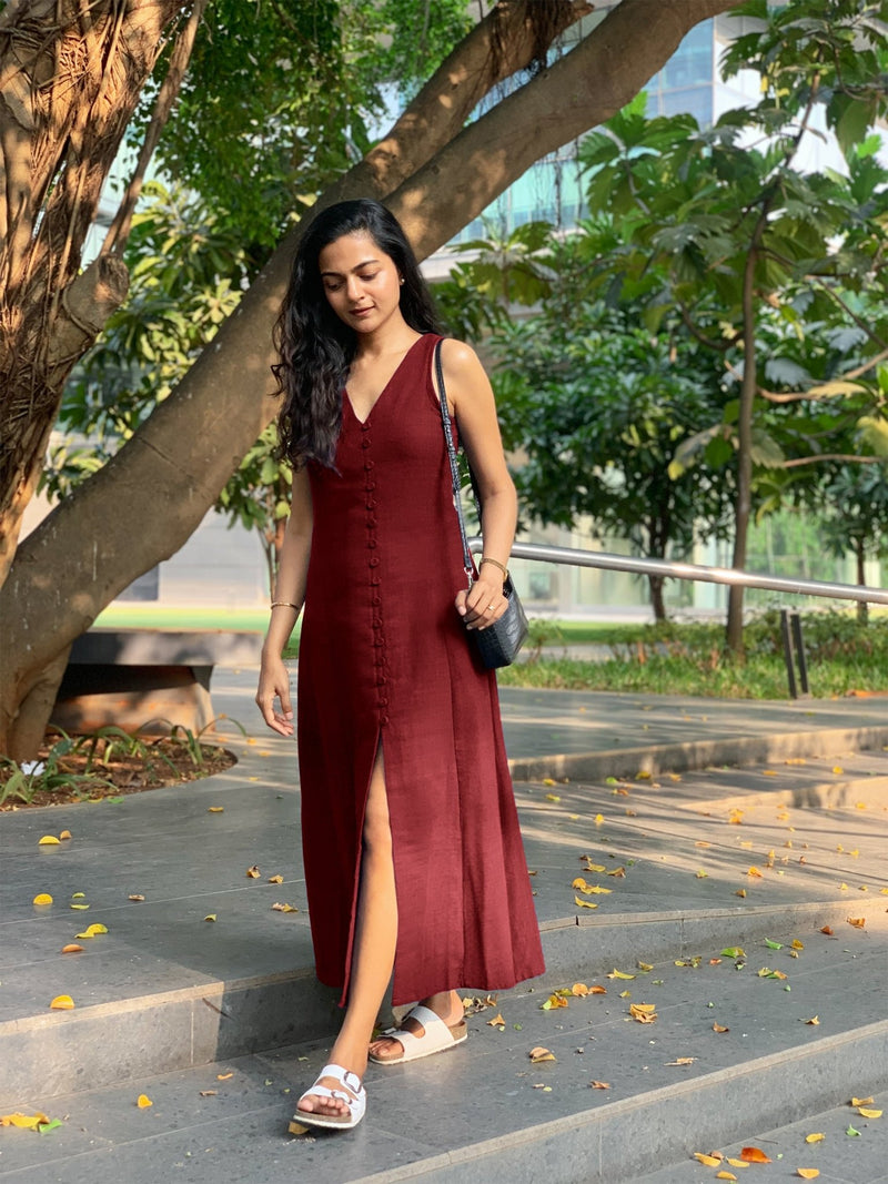 Maroon Handspun Cotton A-Line Front Slit Maxi Dress 40" / Custom Height (Free) Maroon Handspun Cotton A-Line Front Slit Maxi Dress 40" / Custom Height (Free)