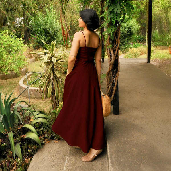 Maroon Handspun Cotton Ankle Length Flared Sundress