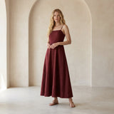 Maroon Handspun Cotton Ankle Length Flared Sundress