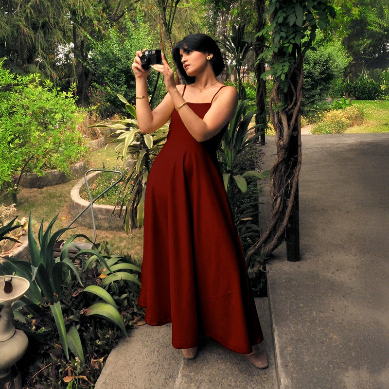 Maroon Handspun Cotton Ankle Length Flared Sundress