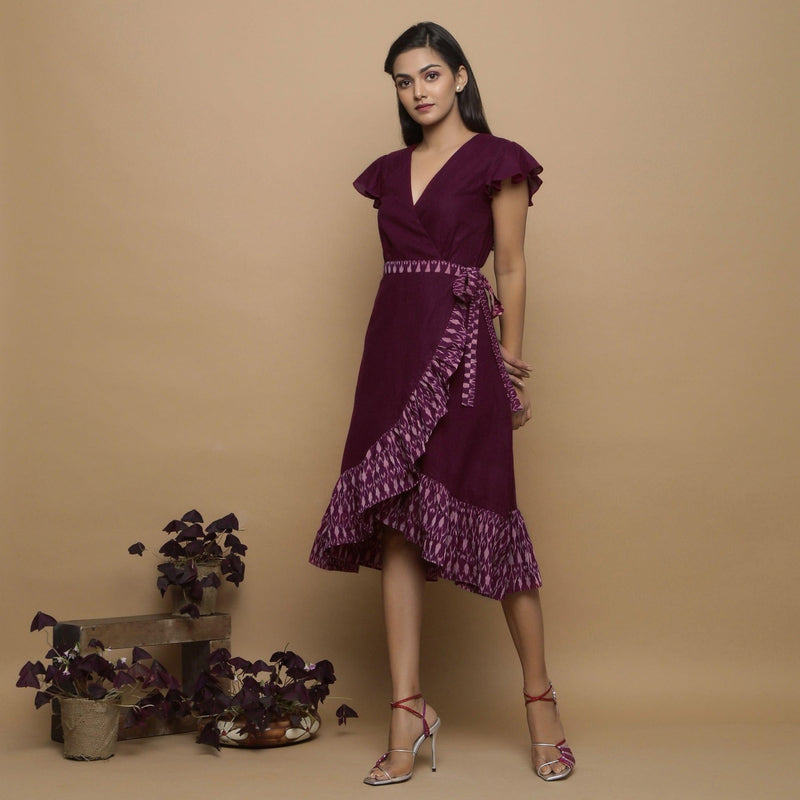 Front View of a Model wearing Maroon Handspun Cotton Asymmetrical Midi Wrap Dress