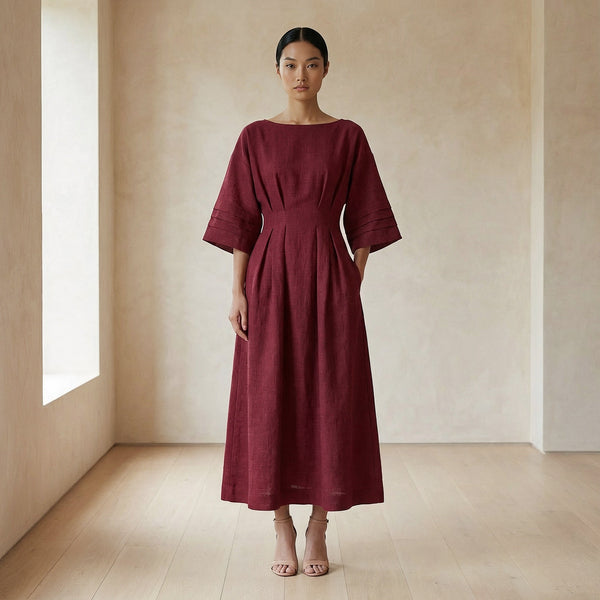 boat neck burgundy dress Maroon Handspun Cotton Maxi with Kimono Sleeves 26