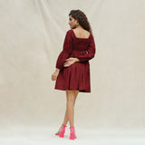 Maroon Handspun Cotton Bohemian Gathered Short Dress
