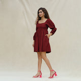 Maroon Handspun Cotton Bohemian Gathered Short Dress