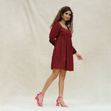 Maroon Handspun Cotton Bohemian Gathered Short Dress