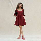 Maroon Handspun Cotton Bohemian Gathered Short Dress