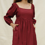 Maroon Handspun Cotton Bohemian Gathered Short Dress