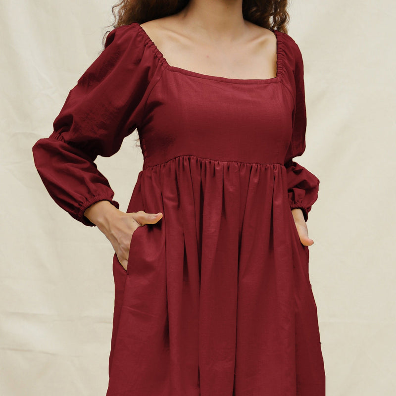 Maroon Handspun Cotton Bohemian Gathered Short Dress