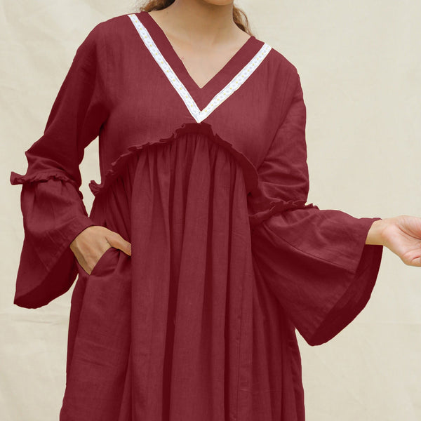 Maroon Handspun Cotton Bohemian Midi Dress
