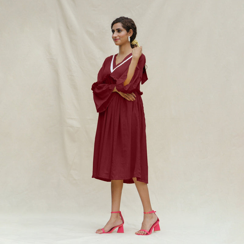 Maroon Handspun Cotton Bohemian Midi Dress