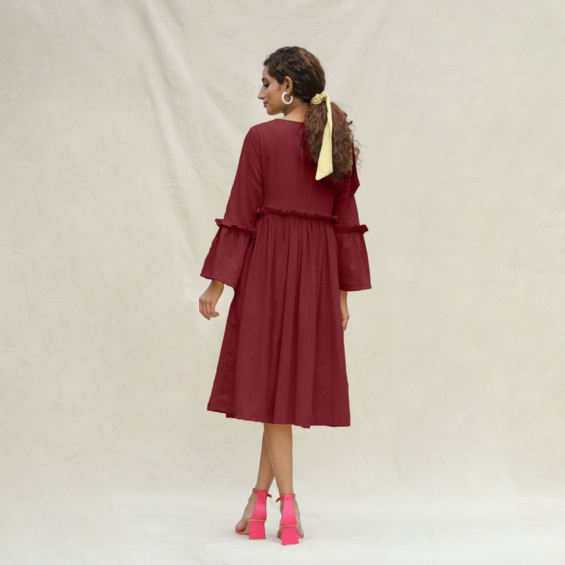 Maroon Handspun Cotton Bohemian Midi Dress