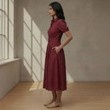 Maroon Handspun Cotton Button-Down Midi Shirt Dress