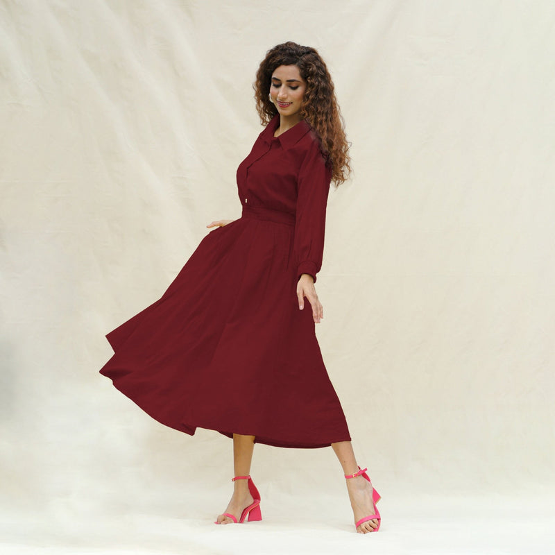 Maroon Handspun Cotton Button-Down Yoked Maxi Dress