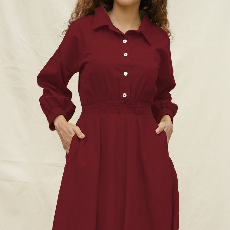 Maroon Handspun Cotton Button-Down Yoked Maxi Dress