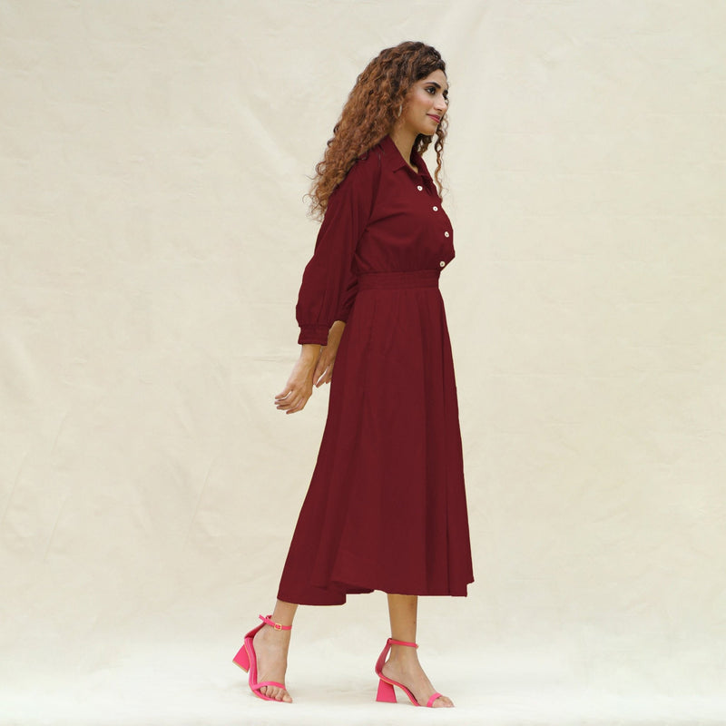 Maroon Handspun Cotton Button-Down Yoked Maxi Dress