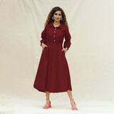 Maroon Handspun Cotton Button-Down Yoked Maxi Dress