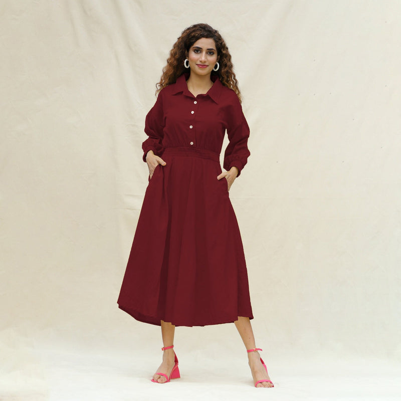 Maroon Handspun Cotton Button-Down Yoked Maxi Dress