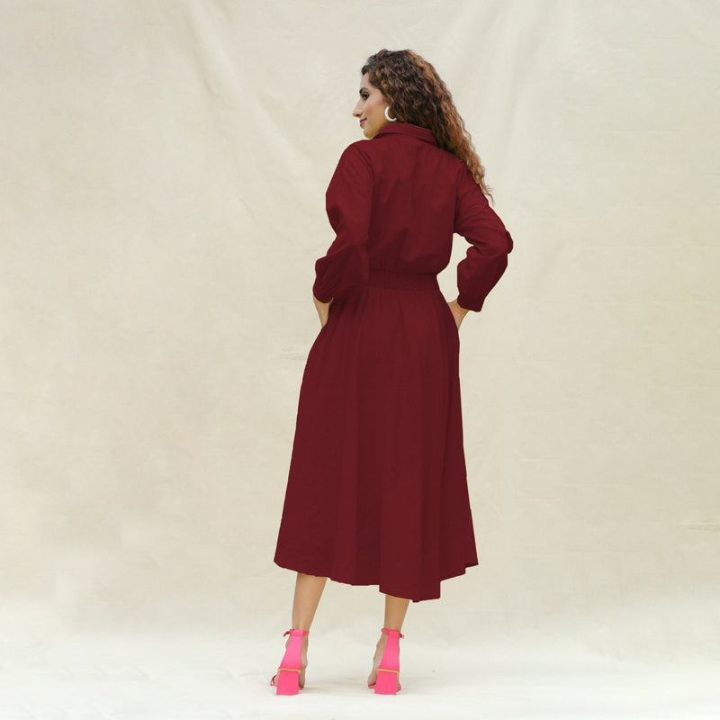 Maroon Handspun Cotton Button-Down Yoked Maxi Dress