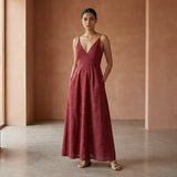 Maroon Handspun Cotton Deep V-Neck Cami Maxi Dress