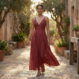 Maroon Handspun Cotton Deep V-Neck Cami Maxi Dress