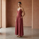 Maroon Handspun Cotton Deep V-Neck Cami Maxi Dress