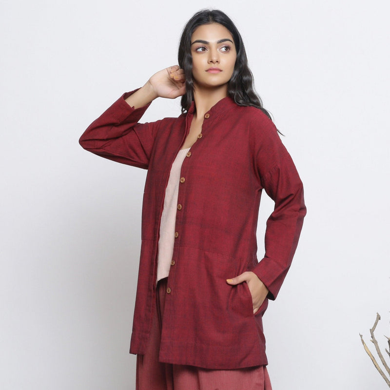 Left View of a Model wearing Maroon Handspun Button-Down Outerwear