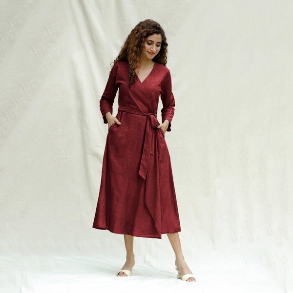 Maroon Handspun Cotton Drop Shoulder Midi Wrap Dress
