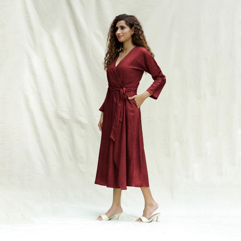 Maroon Handspun Cotton Drop Shoulder Midi Wrap Dress