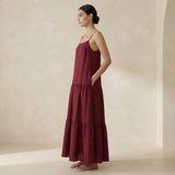 Maroon Handspun Cotton Drop-Waist Camisole Maxi Tier Dress
