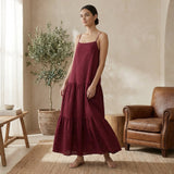 Maroon Handspun Cotton Drop-Waist Camisole Maxi Tier Dress