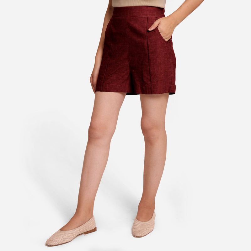 Maroon Handspun Cotton Elasticated Casual Shorts