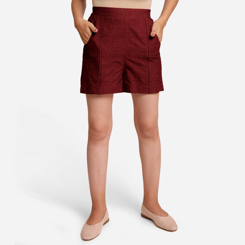 Maroon Handspun Cotton Elasticated Casual Shorts
