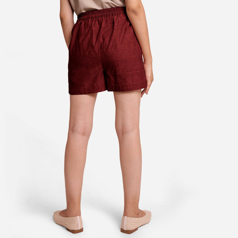 Maroon Handspun Cotton Elasticated Casual Shorts