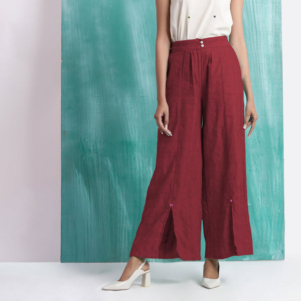 Maroon Handspun Cotton Elasticated Mid-Rise Wide Legged Pant