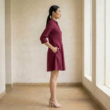 Maroon Handspun Cotton Fit and Flare Button-Down Short Shirt Dress