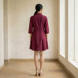 Maroon Handspun Cotton Fit and Flare Button-Down Short Shirt Dress
