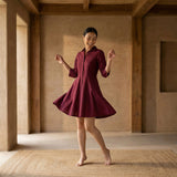 Maroon Handspun Cotton Fit and Flare Button-Down Short Shirt Dress
