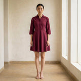 Maroon Handspun Cotton Fit and Flare Button-Down Short Shirt Dress