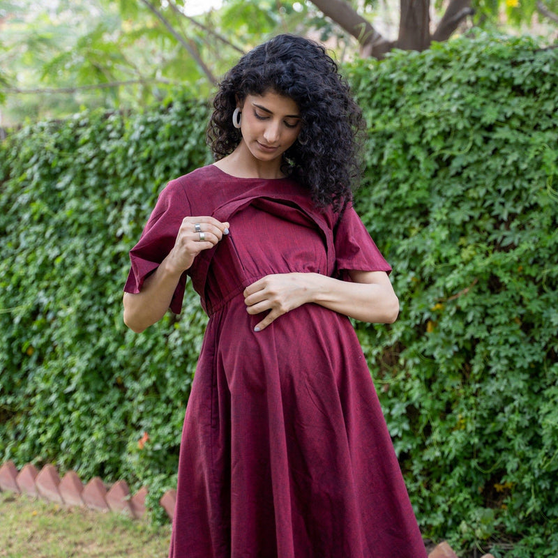 Maroon Handspun Cotton Fit and Flare Knee Length Pre and Post Maternity Dress 62" / Custom Height (Free) Maroon Handspun Cotton Fit and Flare Knee Length Pre and Post Maternity Dress 62" / Custom Height (Free)