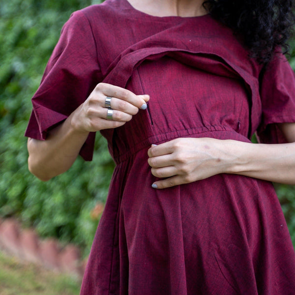 Maroon Handspun Cotton Fit and Flare Knee Length Pre and Post Maternity Dress