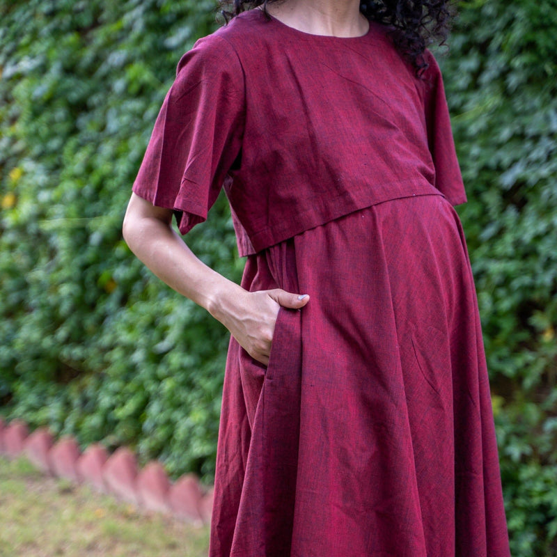 Maroon Handspun Cotton Fit and Flare Knee Length Pre and Post Maternity Dress