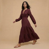 Maroon Handspun Cotton Fit and Flare Maxi Tier Dress