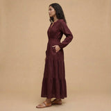 Maroon Handspun Cotton Fit and Flare Maxi Tier Dress