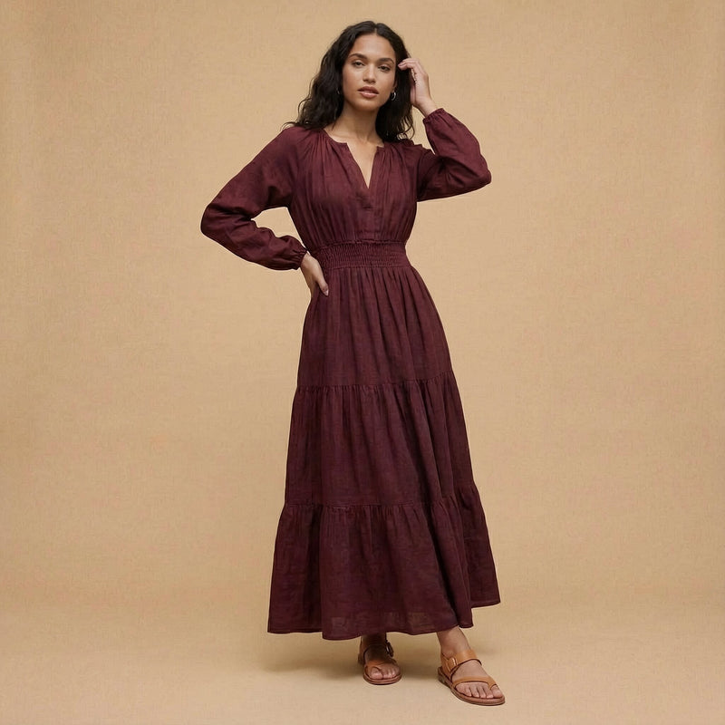 Maroon Handspun Cotton Fit and Flare Maxi Tier Dress 44" / Regular (5'2" - 5'6") Maroon Handspun Cotton Fit and Flare Maxi Tier Dress 44" / Regular (5'2" - 5'6")