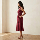 Maroon Handspun Cotton Fit and Flare Sleeveless Dress