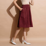 Maroon Handspun Cotton Flared Elasticated Knee Length Skirt