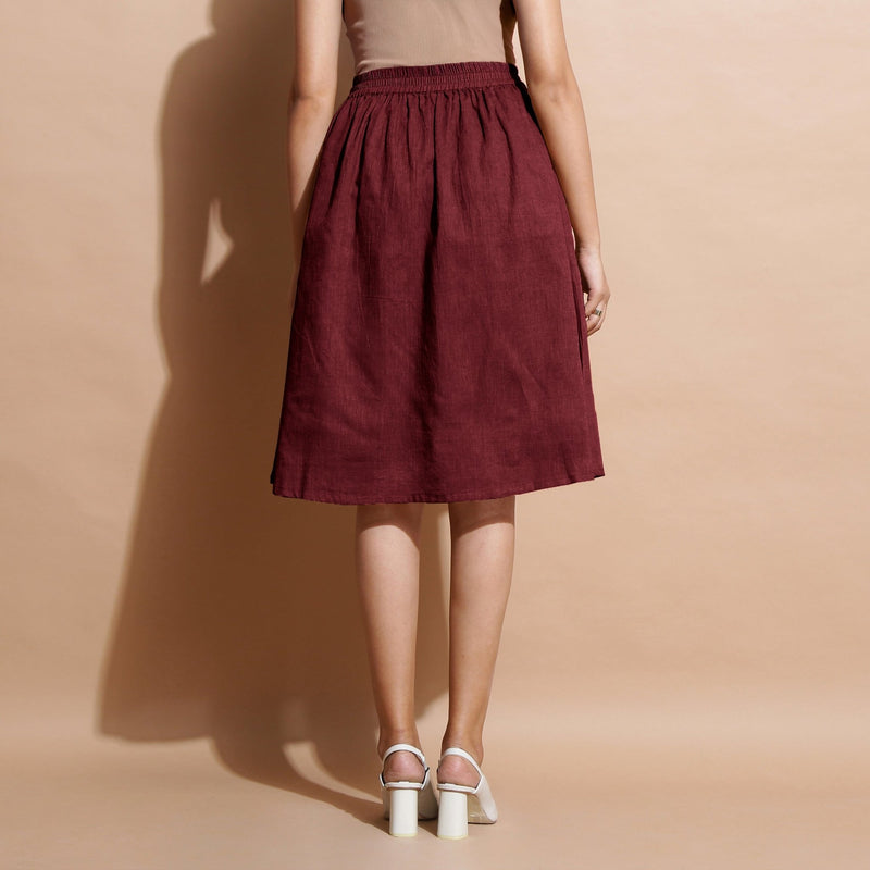 Maroon Handspun Cotton Flared Elasticated Knee Length Skirt