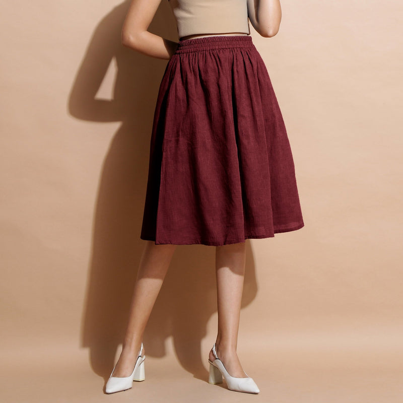 Maroon Handspun Cotton Flared Elasticated Knee Length Skirt