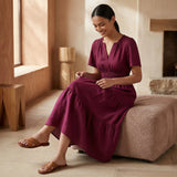 Maroon Handspun Cotton Flutter Sleeve Tie-Back Tiered Midi Dress